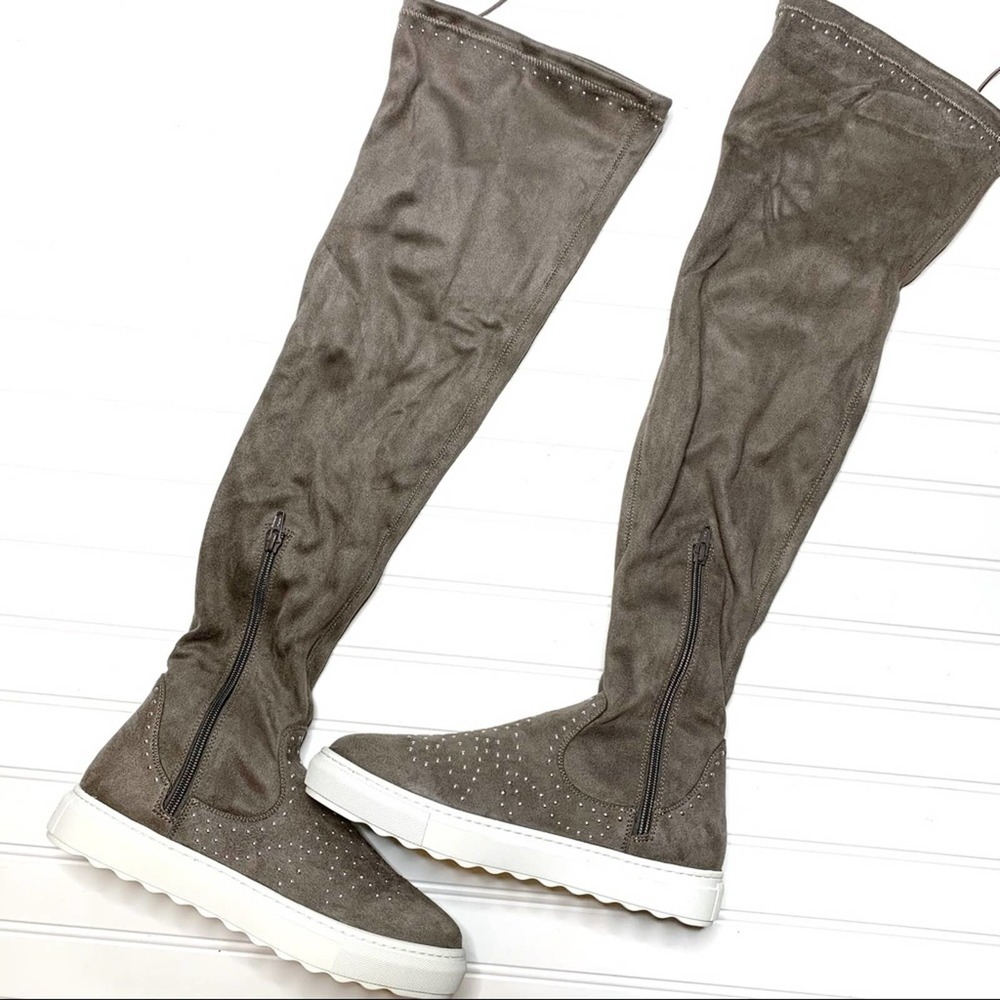 J/slides sz 8.5 gray studded thigh high sock boots